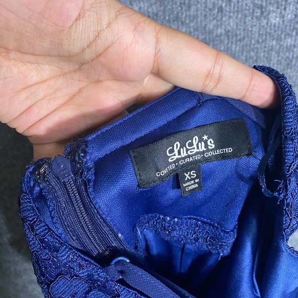 Lulus Maxi Gown Dress XS Navy Blue Lace Zenith Trumpet Hem Cocktail Formal - Picture 9 of 12